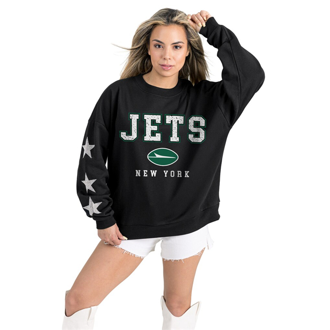 Women's New York Jets Gameday Couture Black Velocity Relaxed Rhinestone Pullover Sweatshirt(Run Small)